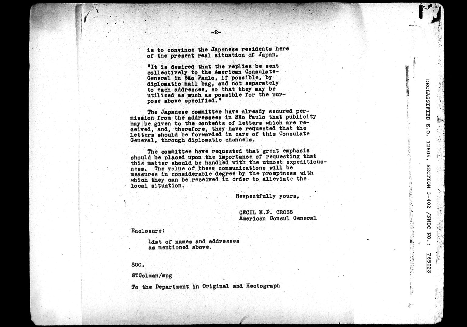 Imagem «Documento do Departamento de Estado norte-americano solicitando a um cidadão japonês que enviasse uma carta a uma importante personalidade da colônia japonesa»