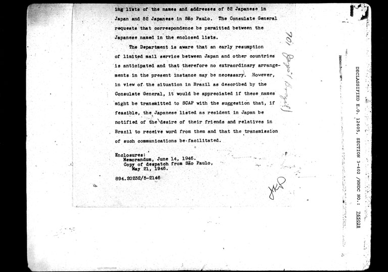 Image “U.S. Department of State document to the GHQ/SCAP Diplomatic Section requesting relatives and friends residing in Japan of influential Japanese immigrants to send letters to them”