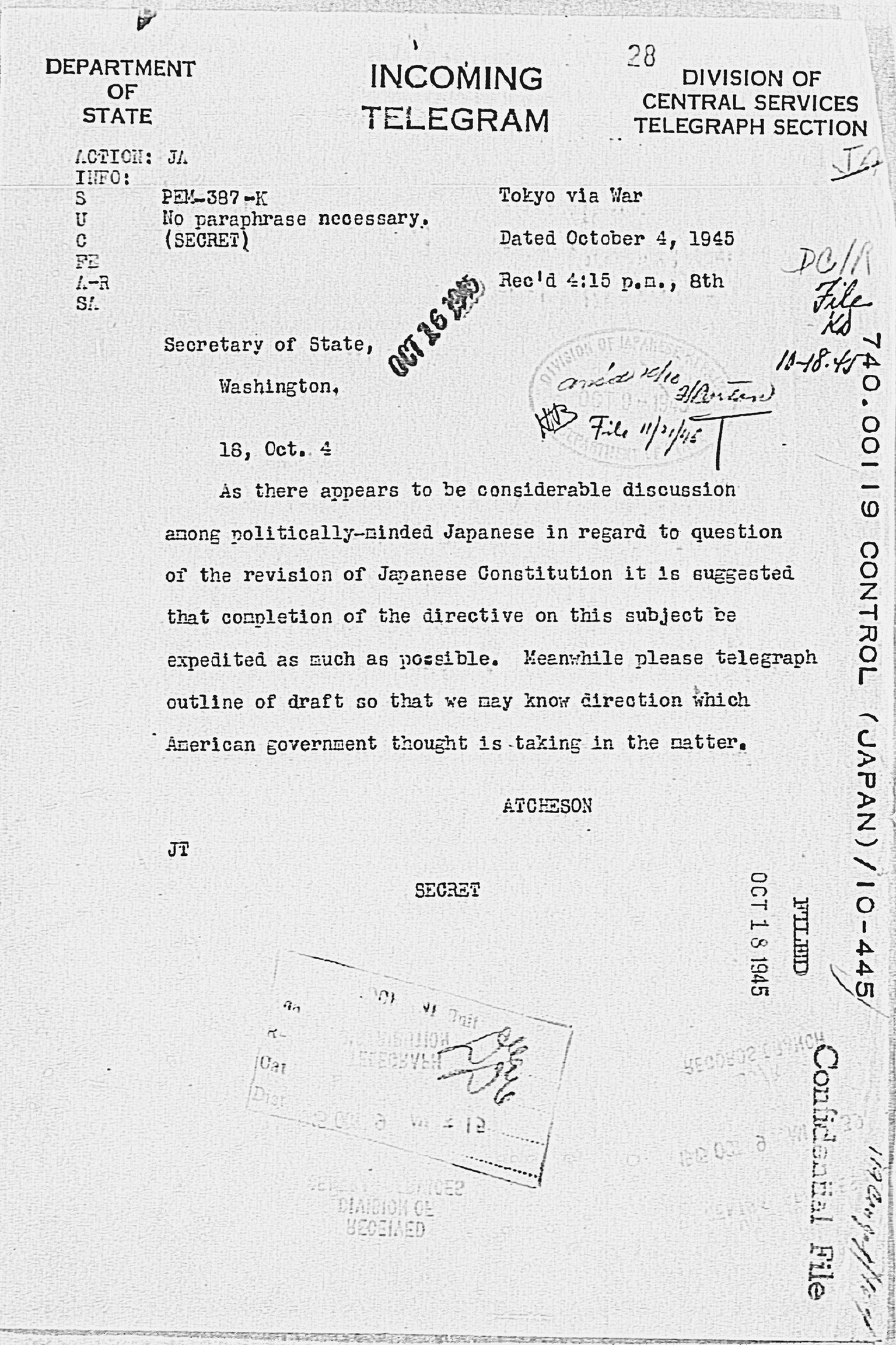 [Incoming Telegram from Atcheson to Secretary of State dated October, 1945](Larger image)