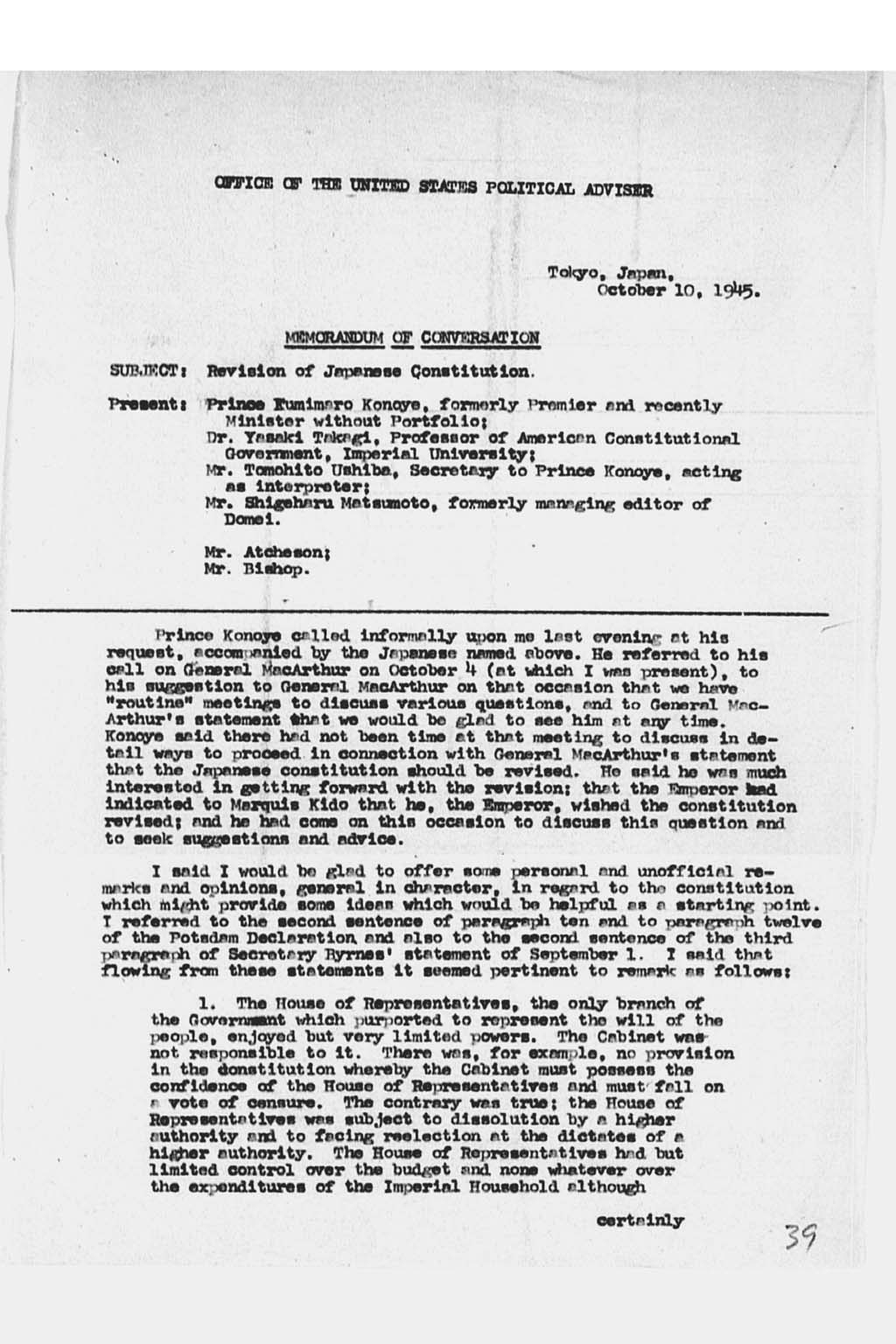 [George Atcheson, Jr. to the Secretary of State, Subject: Revision of Japanese Constitution; Discussion with Prince Konoye](Larger image)