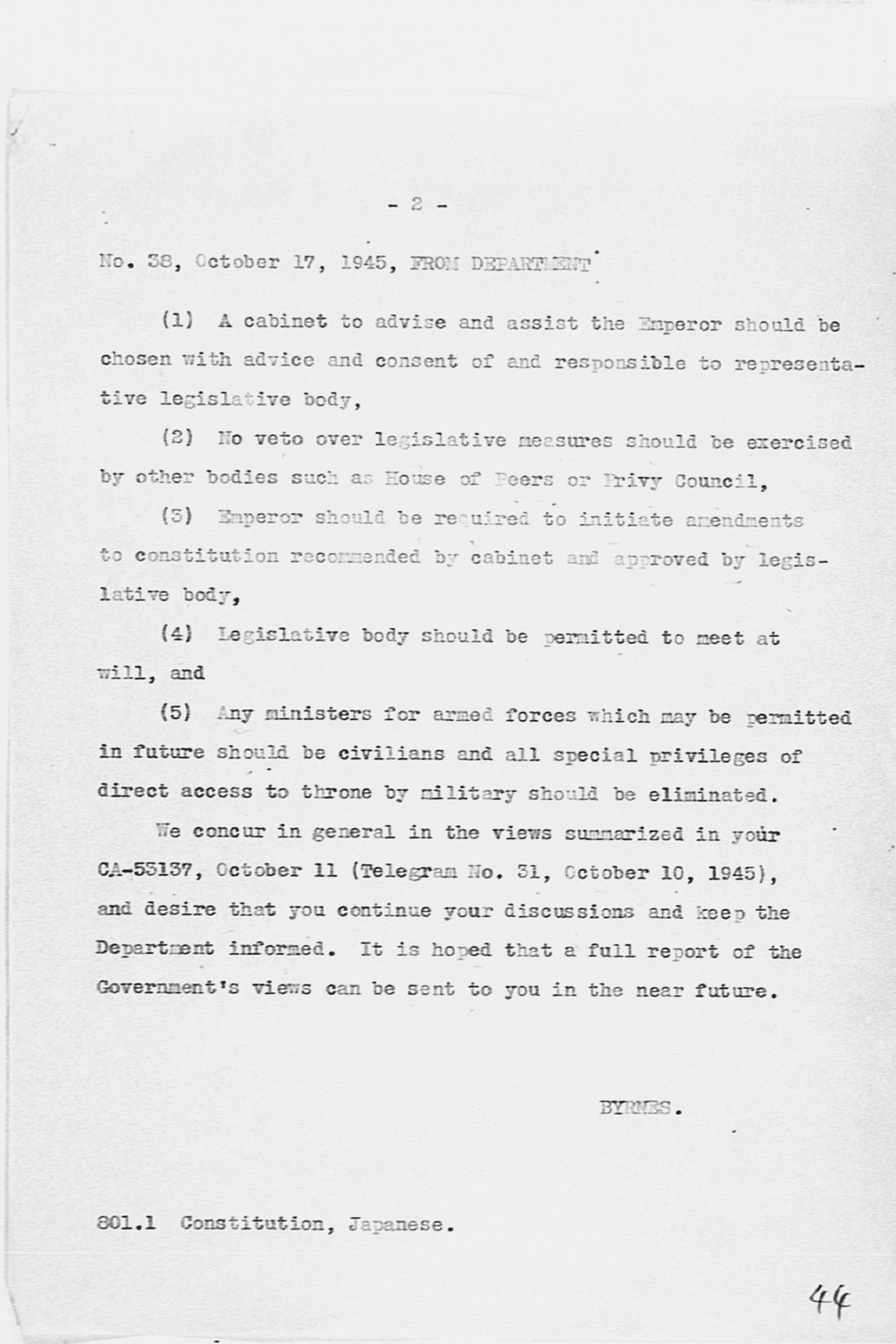 [Telegram Received From: Secretary of State dated October 17, 1945.](Larger image)