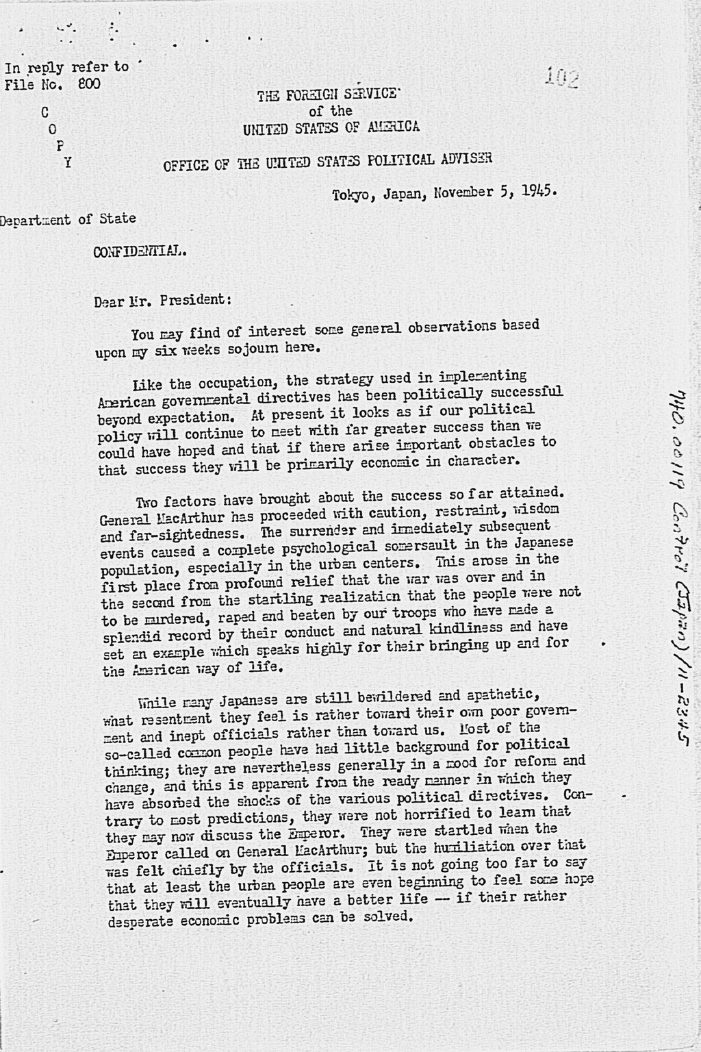 『Letter from George Atcheson, Jr. to the President dated November 5, 1945.』(拡大画像)