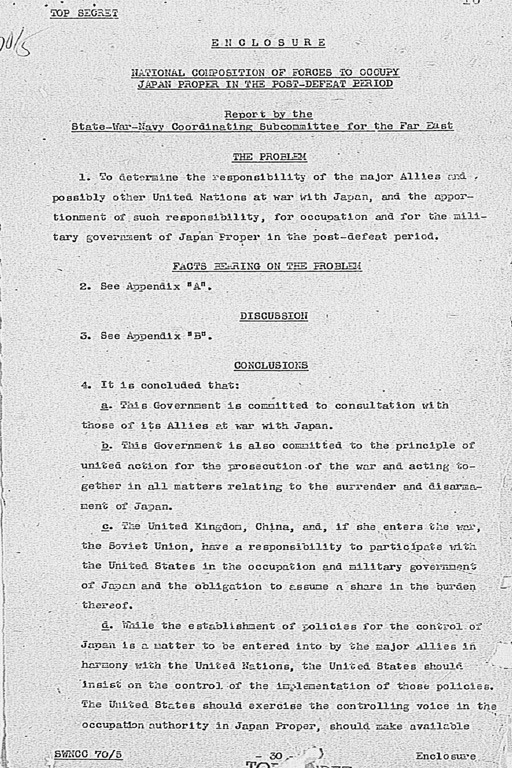 [Memorandum for the President, Subject: National Composition of Forces to Occupy Japan Proper to the Post-Defeat Period.](Regular image)