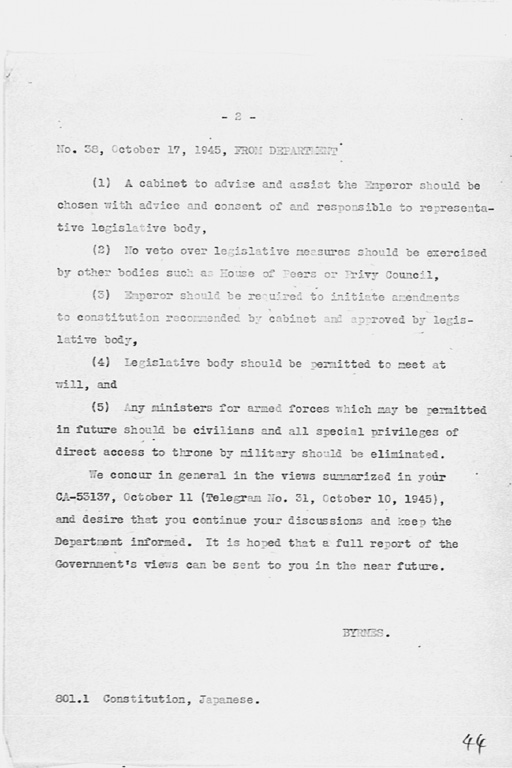 [Telegram Received From: Secretary of State dated October 17, 1945.](Regular image)