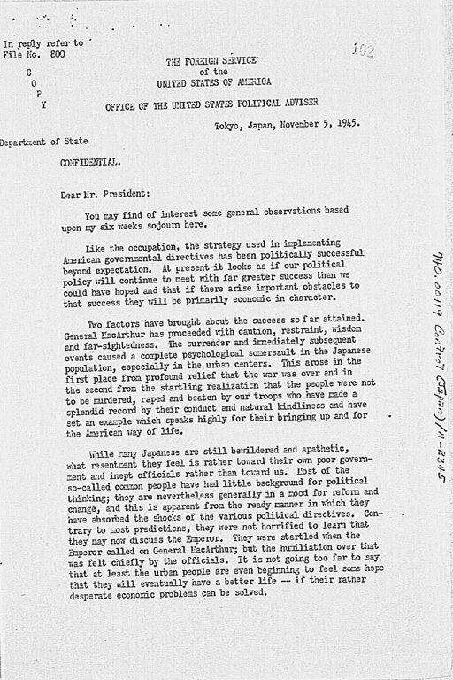 [Letter from George Atcheson, Jr. to the President dated November 5, 1945.](Regular image)