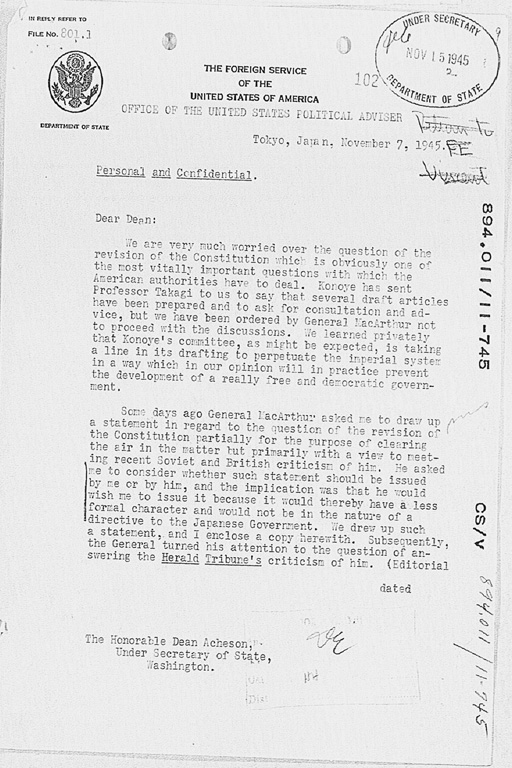 [Letter from George Atcheson, Jr. to Dean Acheson, Under Secretary of State dated November 7, 1945.](Regular image)
