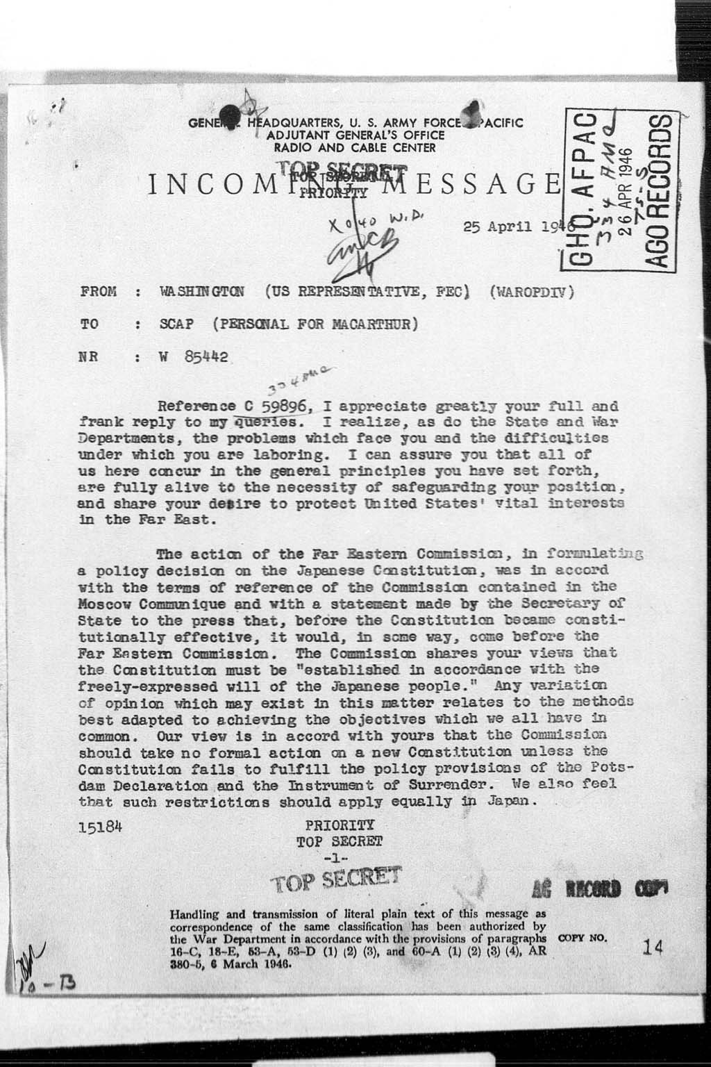 [Incoming Message from Washington (US representative, FEC) (WAROPDIV) to SCAP (Personal for MacArthur), nr W 85442, dated 25 April 1946](Larger image)