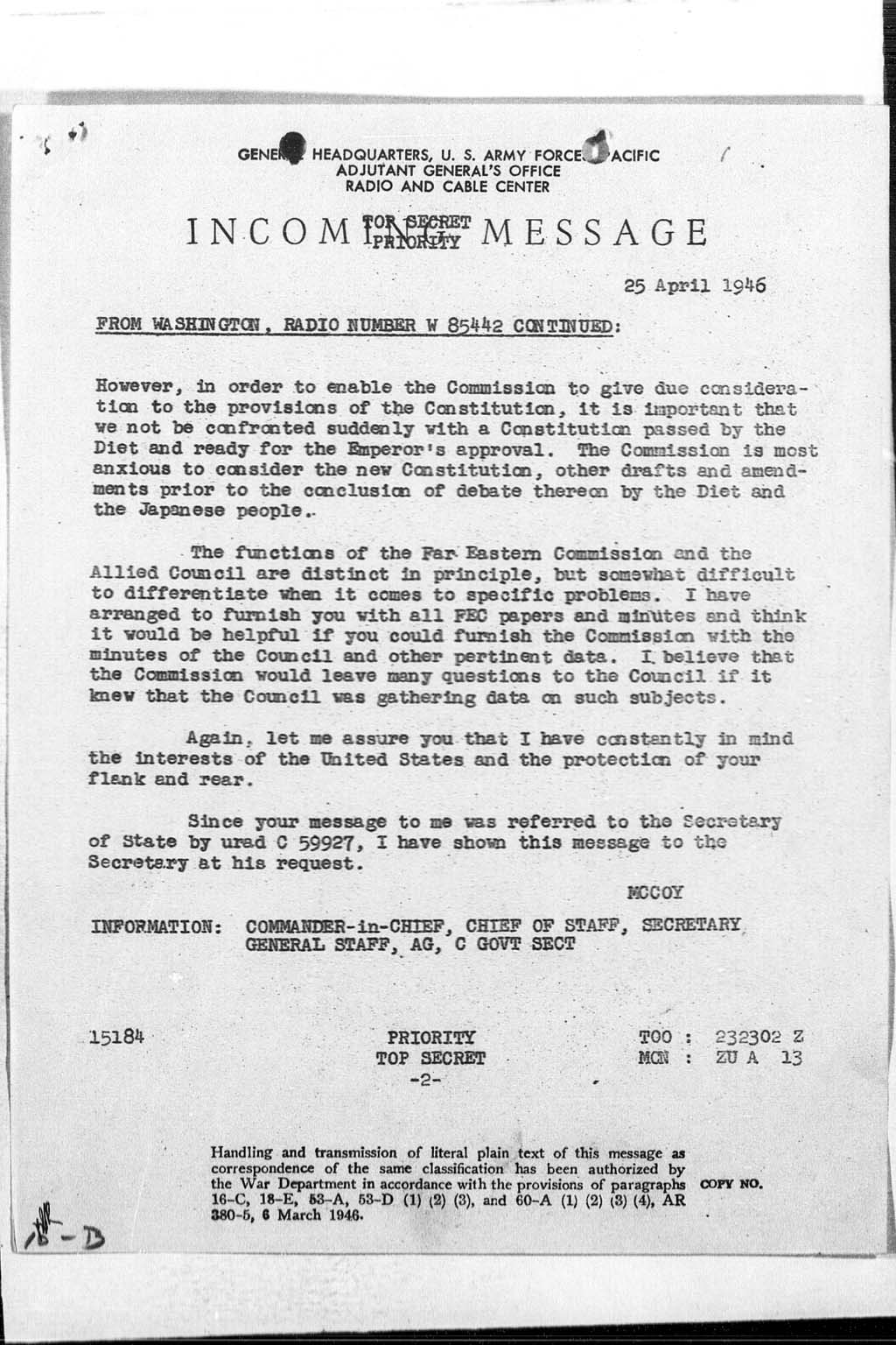 『Incoming Message from Washington (US representative, FEC) (WAROPDIV) to SCAP (Personal for MacArthur), nr W 85442, dated 25 April 1946』(拡大画像)