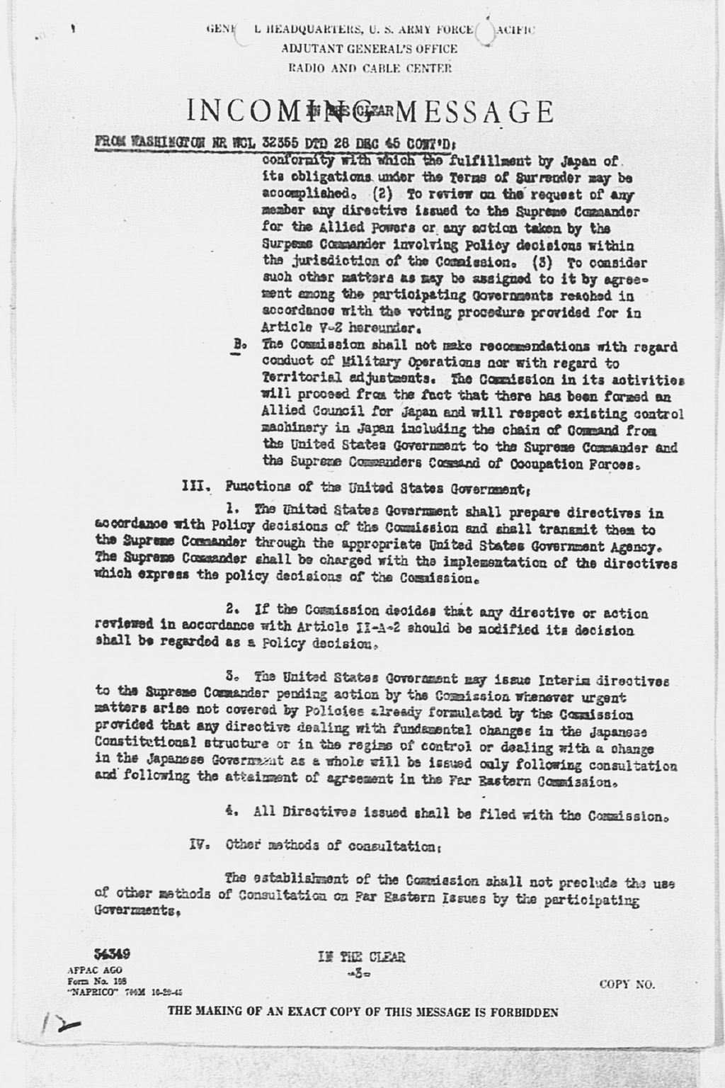 [Incoming Message to CINCAFPAC MacArthur from Washington (War), nr WCL 32355 Communique of Moscow Conference, December 27, 1945](Larger image)