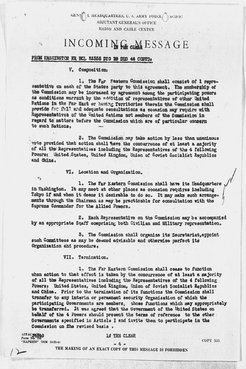 『Incoming Message to CINCAFPAC MacArthur from Washington (War), nr WCL 32355 Communiqué of Moscow Conference, December 27, 1945』(拡大画像)