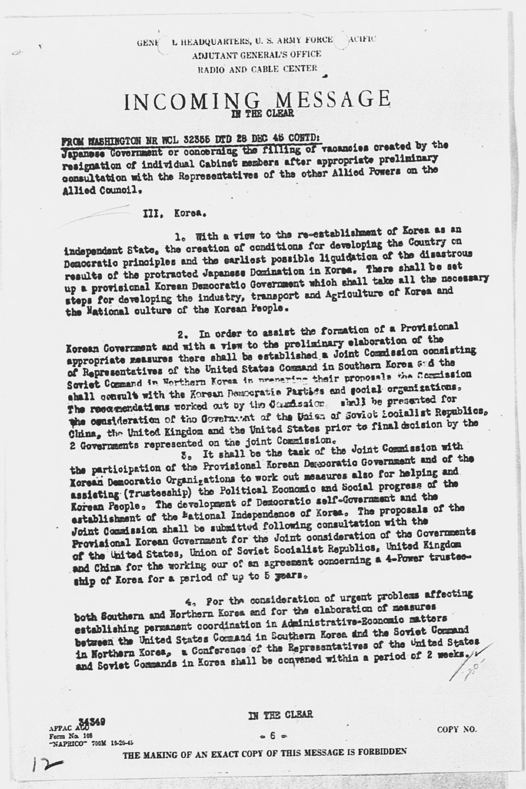 [Incoming Message to CINCAFPAC MacArthur from Washington (War), nr WCL 32355 Communique of Moscow Conference, December 27, 1945](Larger image)