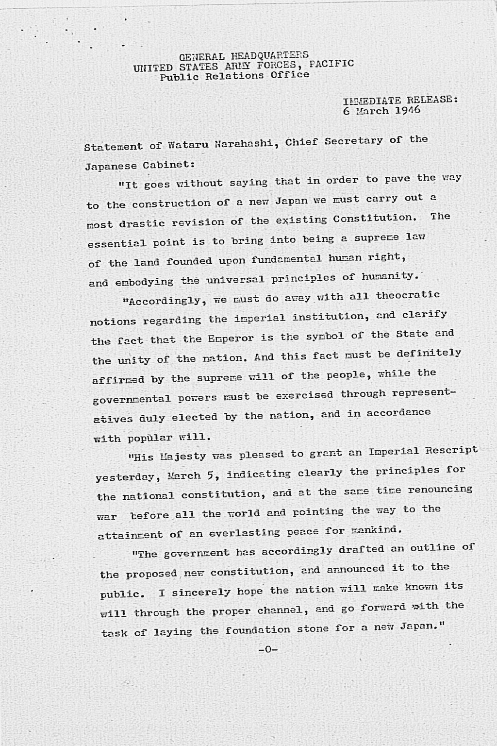 [Max W. Bishop to the Secretary of State, Subject: Japanese Government's Draft Constitution](Larger image)
