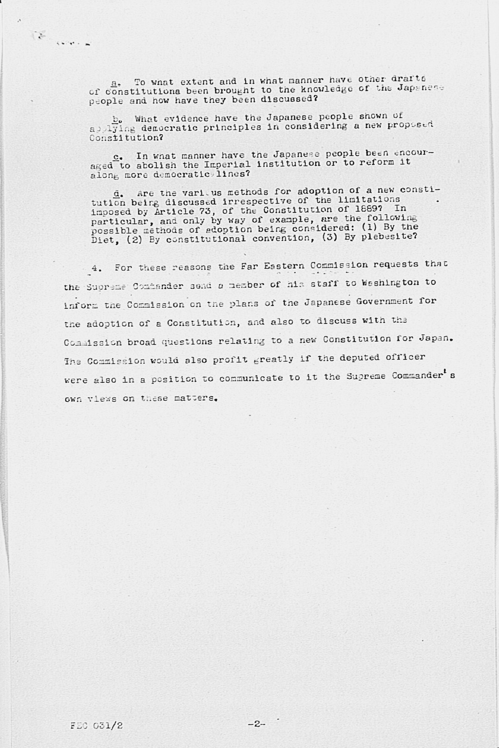 [Proposed Communication to the Supreme Commander for the Allied Powers Requesting Consultation on Procedures for the Adoption of a Japanese Constitution](Larger image)