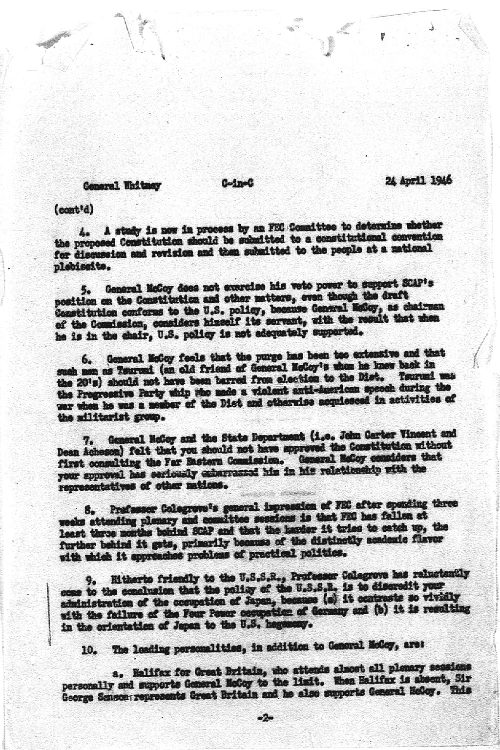 『General Whitney to C-in-C, dated 24 April 1946 re discussion on 22 April 1946 with Professor Colegrove』(拡大画像)