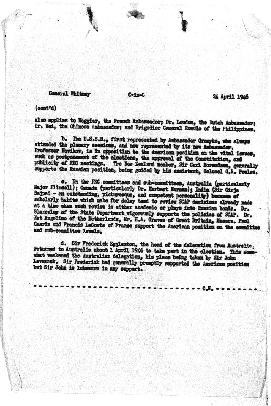 [From General Whitney to C-in-C, dated 24 April 1946 re discussion on 22 April 1946 with Professor Colegrove](Larger image)