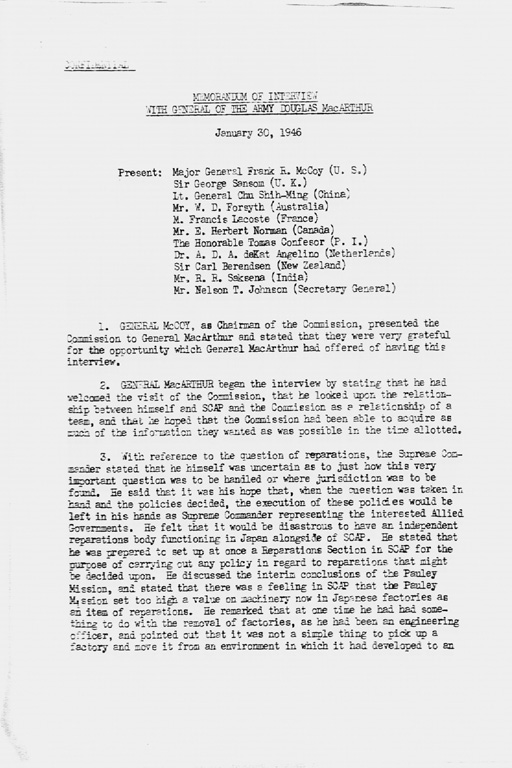 [Memorandum of Interview with General of the Army Douglas MacArthur Held on January 29, 1946](Regular image)
