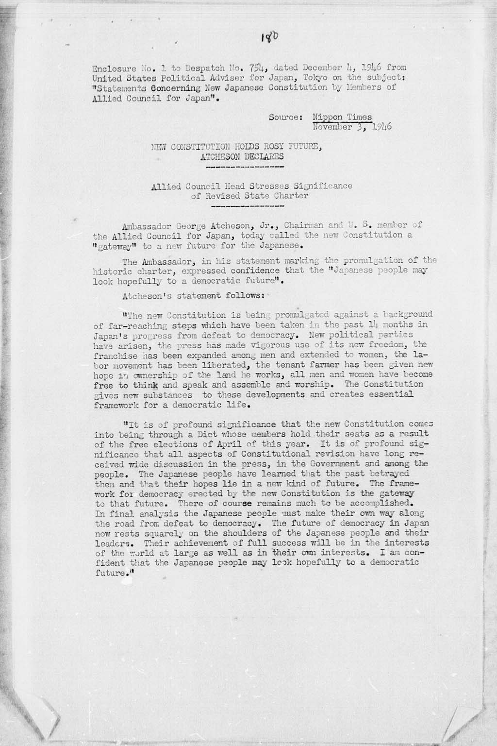 [Subject: Statements Concerning New Japanese Constitution by Members of Allied Council for Japan](Larger image)