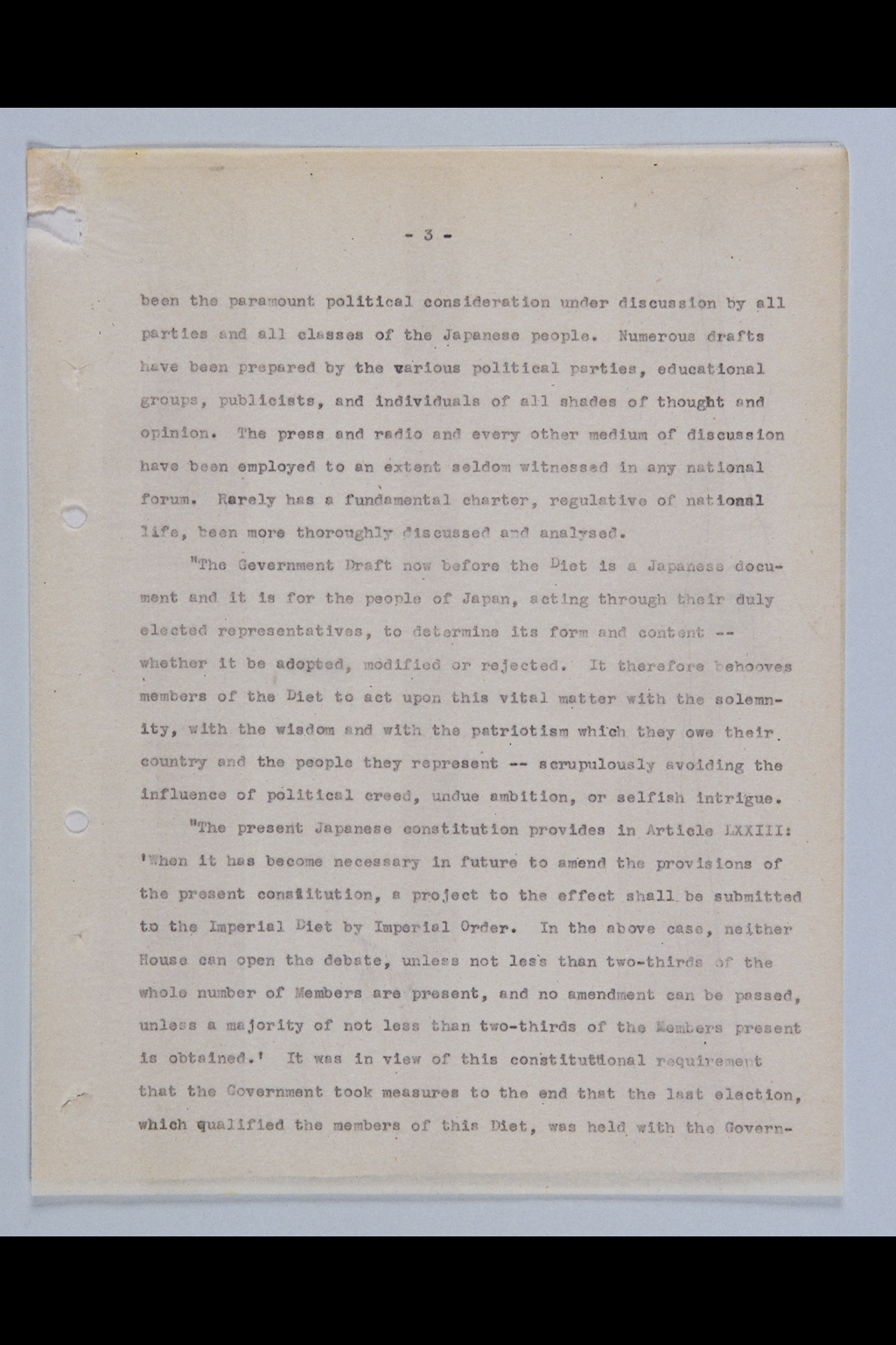 [Press Release: General MacArthur Issues Statement on Submission of Draft Constitution to Japanese Diet](Larger image)