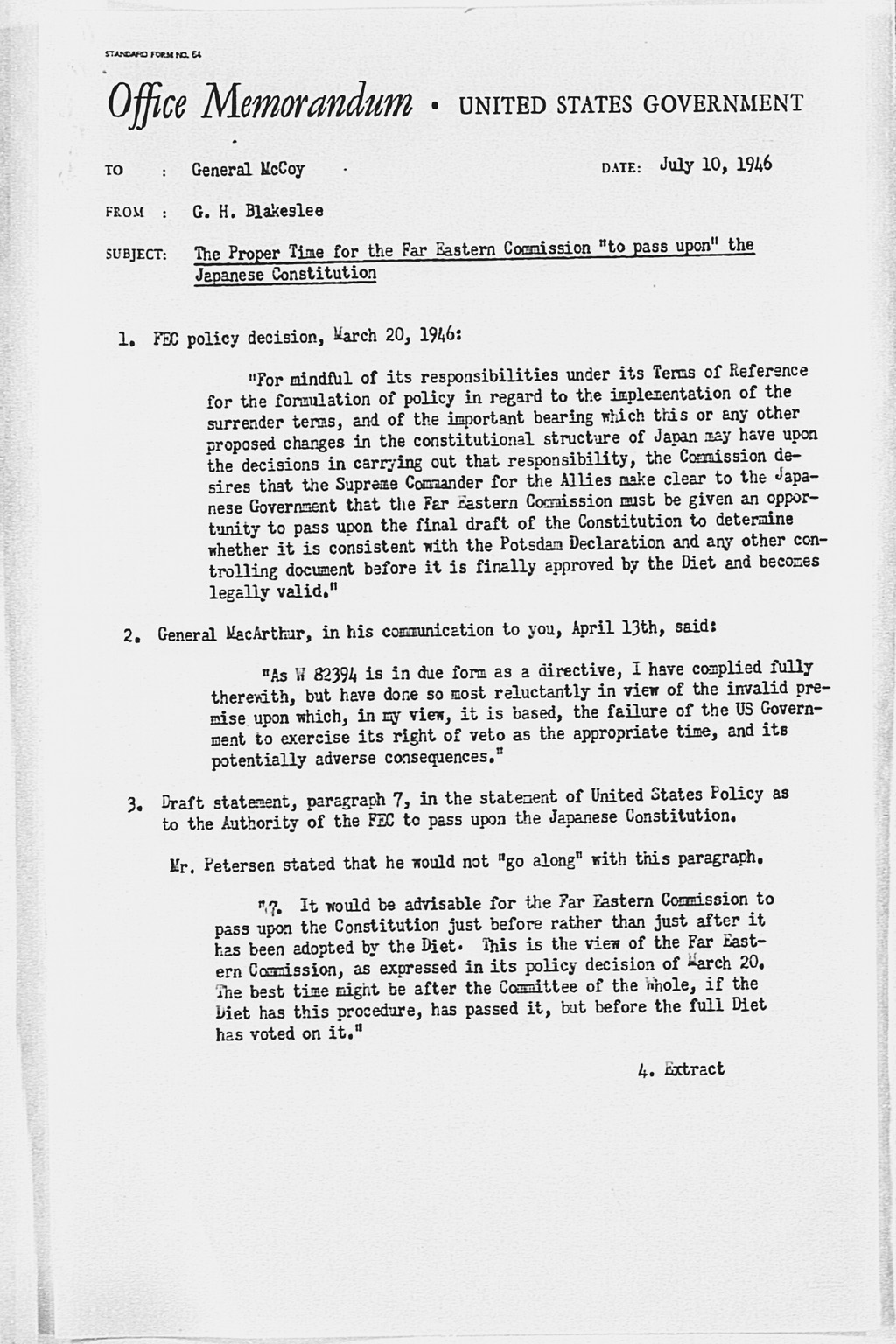 『From: GHQ SCAP Tokyo sgd MacArthur, To: War Department for WDSCA, nr Z 07139, dated 8 July 1946 re Public Release of the FEC’s Basic Principles for a New Japanese Constitution』(拡大画像)