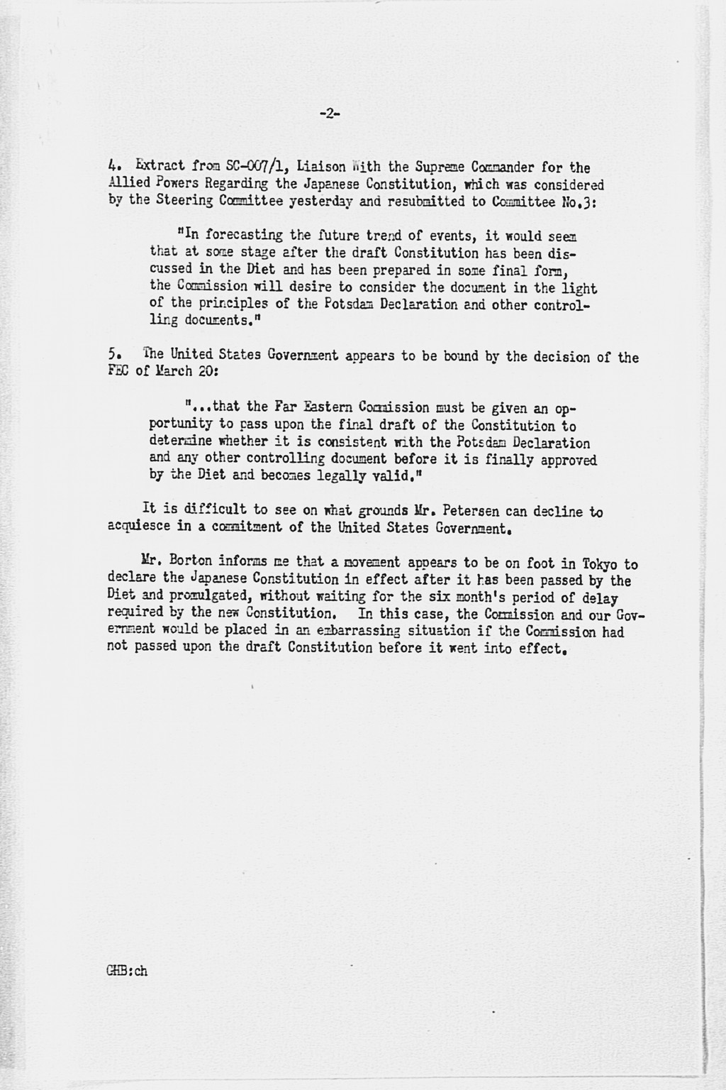 [From: GHQ SCAP Tokyo sgd MacArthur, To: War Department for WDSCA, nr Z 07139, dated 8 July 1946 re Public Release of the FEC's Basic Principles for a New Japanese Constitution](Larger image)