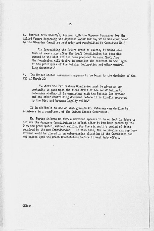 [From: GHQ SCAP Tokyo sgd MacArthur, To: War Department for WDSCA, nr Z 07139, dated 8 July 1946 re Public Release of the FEC's Basic Principles for a New Japanese Constitution](Regular image)