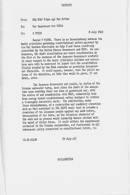 [From: GHQ SCAP Tokyo sgd MacArthur, To: War Department for WDSCA, nr Z 07139, dated 8 July 1946 re Public Release of the FEC's Basic Principles for a New Japanese Constitution](Regular image)