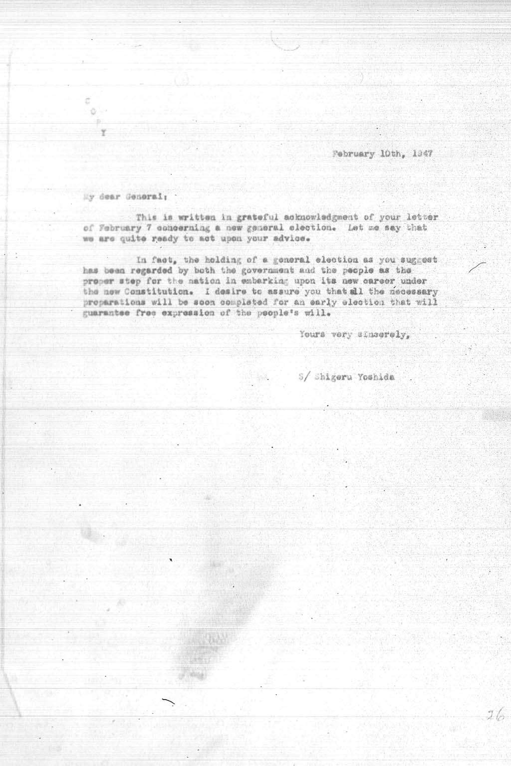 [Letter from Shigeru Yoshida to General MacArthur, dated February 10, 1947](Larger image)