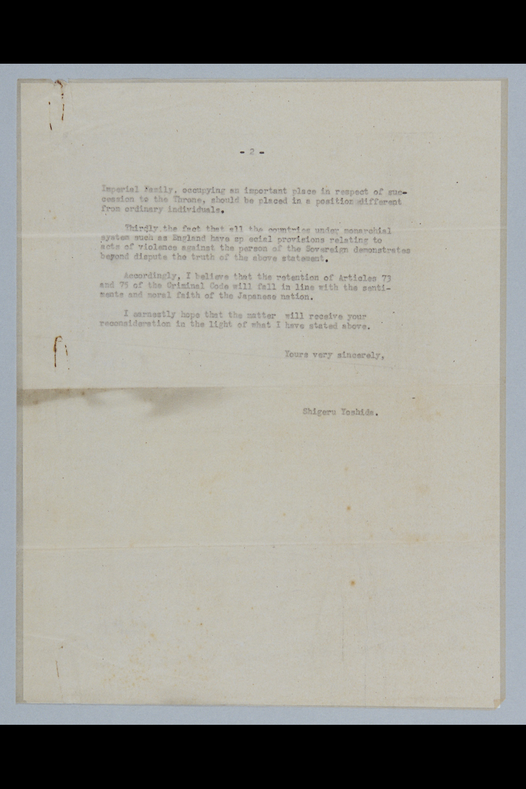 『Letter from Shigeru Yoshida to General MacArthur dated December 27, 1946』(拡大画像)