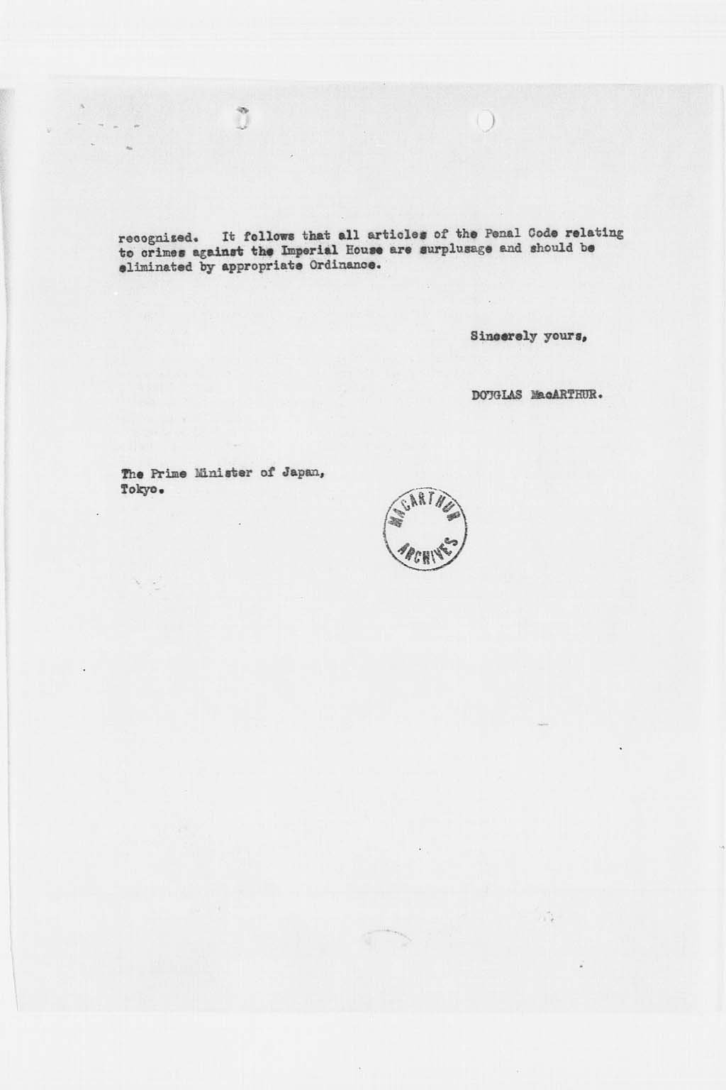 [Letter from Douglas MacArthur to Prime Minister dated 25 February 1947](Larger image)