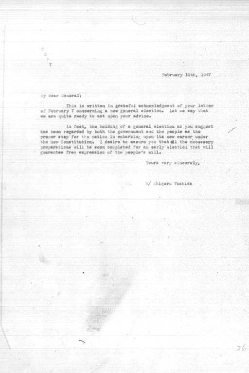 [Letter from Shigeru Yoshida to General MacArthur, dated February 10, 1947](Regular image)