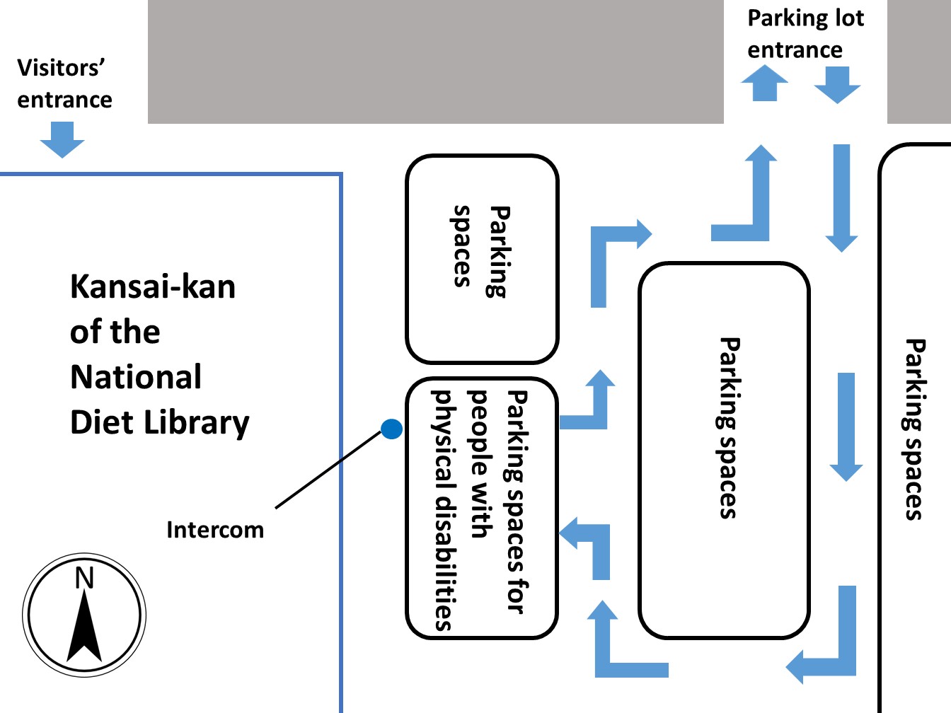 This is a map of the parking lot for users on the east side of the Kansai-kan of the National Diet Library. Parking spaces for people with physical disabilities are located on the west side of the parking lot. They are near the visitors entrance of the Kansai-kan. The Kansai-kan building is to the west of the parking spaces for people with physical disabilities.