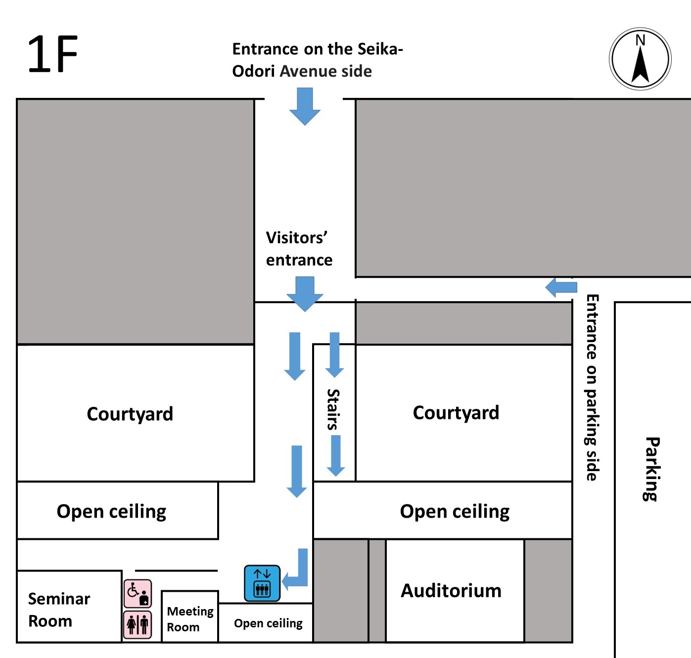 This is the floor map of the 1st floor of the Kansai-kan of the National Diet Library. It shows the location of the visitors' entrance, the location of the stairs, and the location of the elevator. Go straight about 10 meters from the visitors' entrance and you will find descending stairs. There is an elevator about 45 meters down the corridor on the right side of the stairs. Braille blocks guide you from the front of the stairs to the elevator.