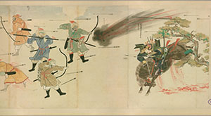 文永11（1274）年の襲来にあたり奮戦する季長と蒙古軍の「てつはう（鉄砲）」の画像