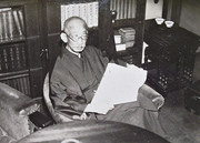 MINOBE Tatsukichi  at his home, reading up a manuscript for media corps. 2 February 1935 (Showa 10). From (Shinbun Rengo Shashin News Vol.1935 no. 9)