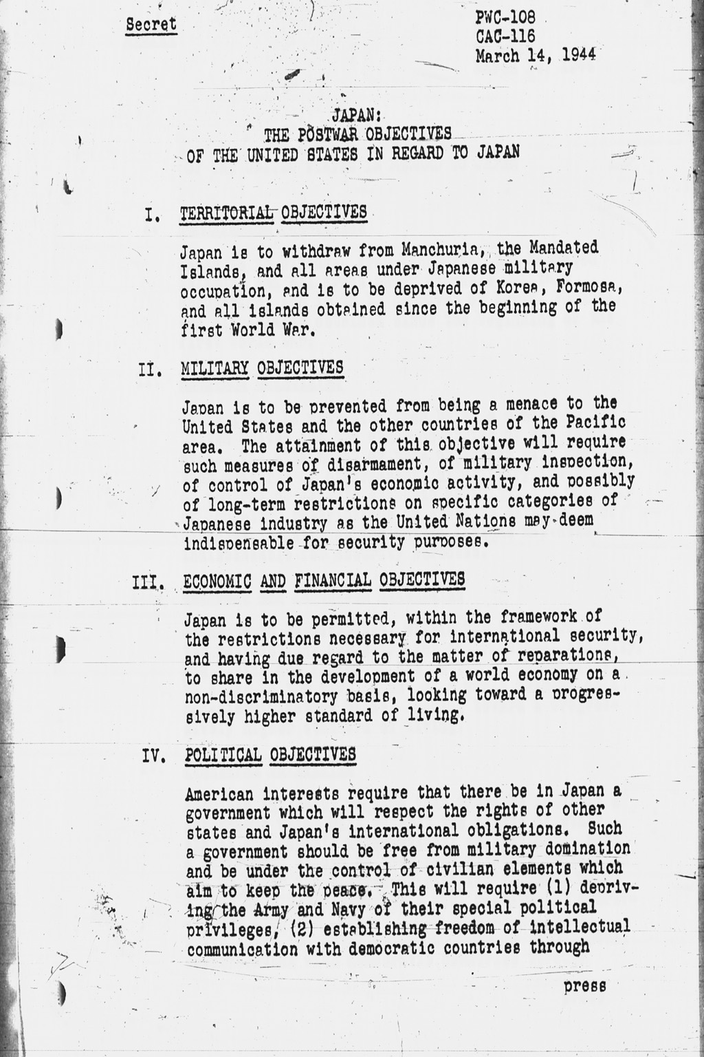 [Japan: The Postwar Objectives of the United States in regard to Japan (PWC108, CAC116)](Larger image)