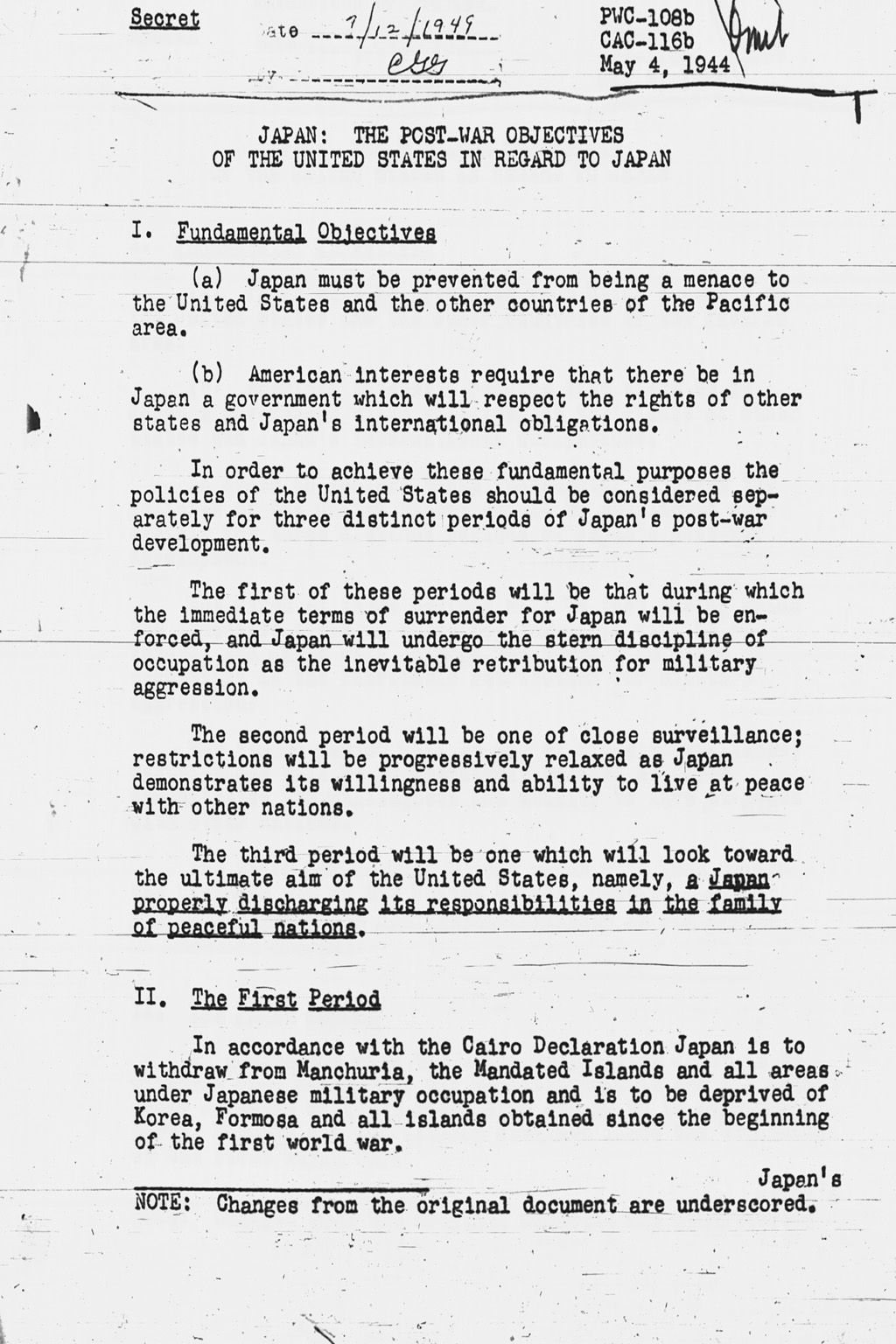 [Japan: The Post-War Objectives of the United States in regard to Japan (PWC108b, CAC116b)](Larger image)