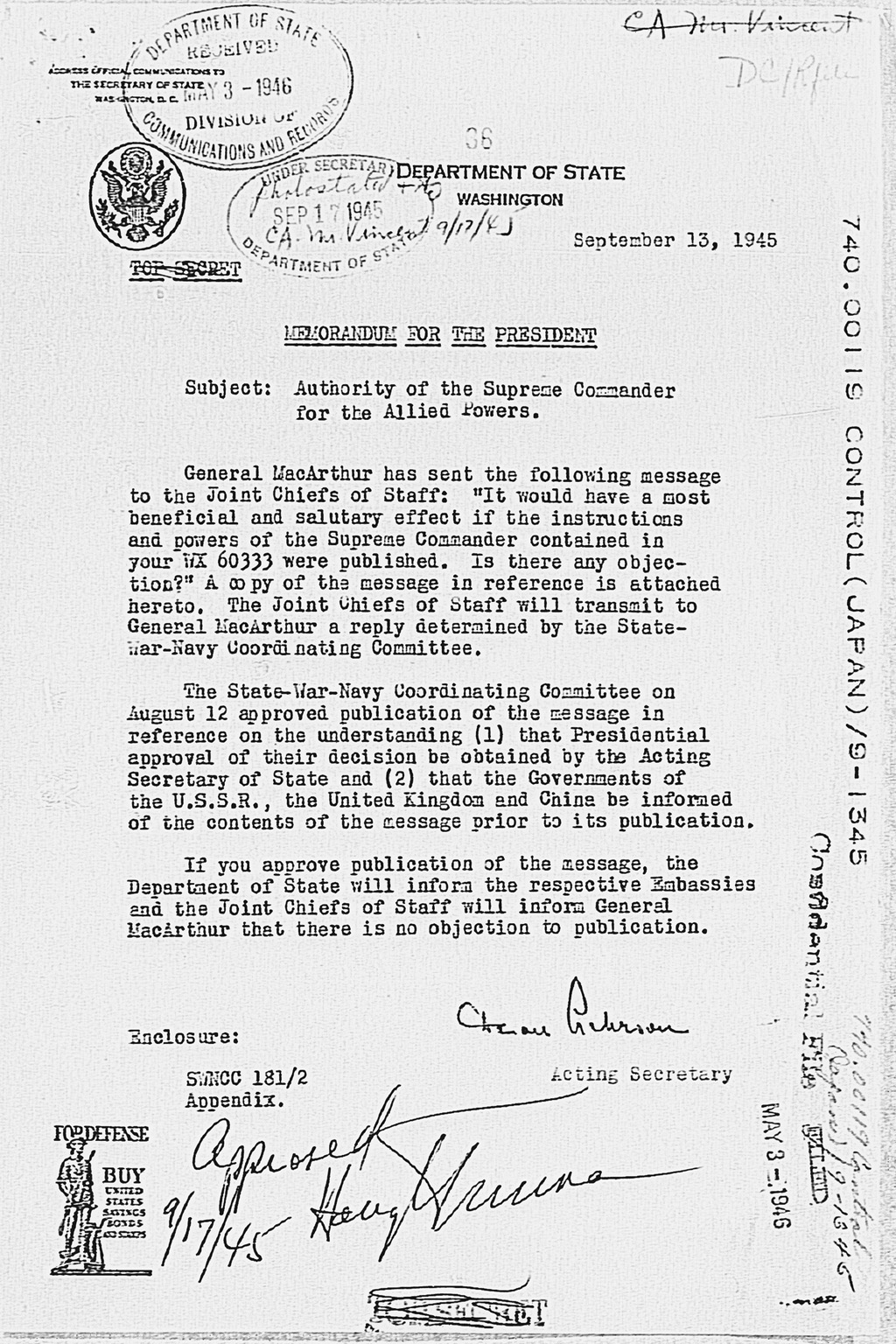 [Memorandum for the President, Subject: Authority of the Supreme Commander for the Allied Powers](Larger image)