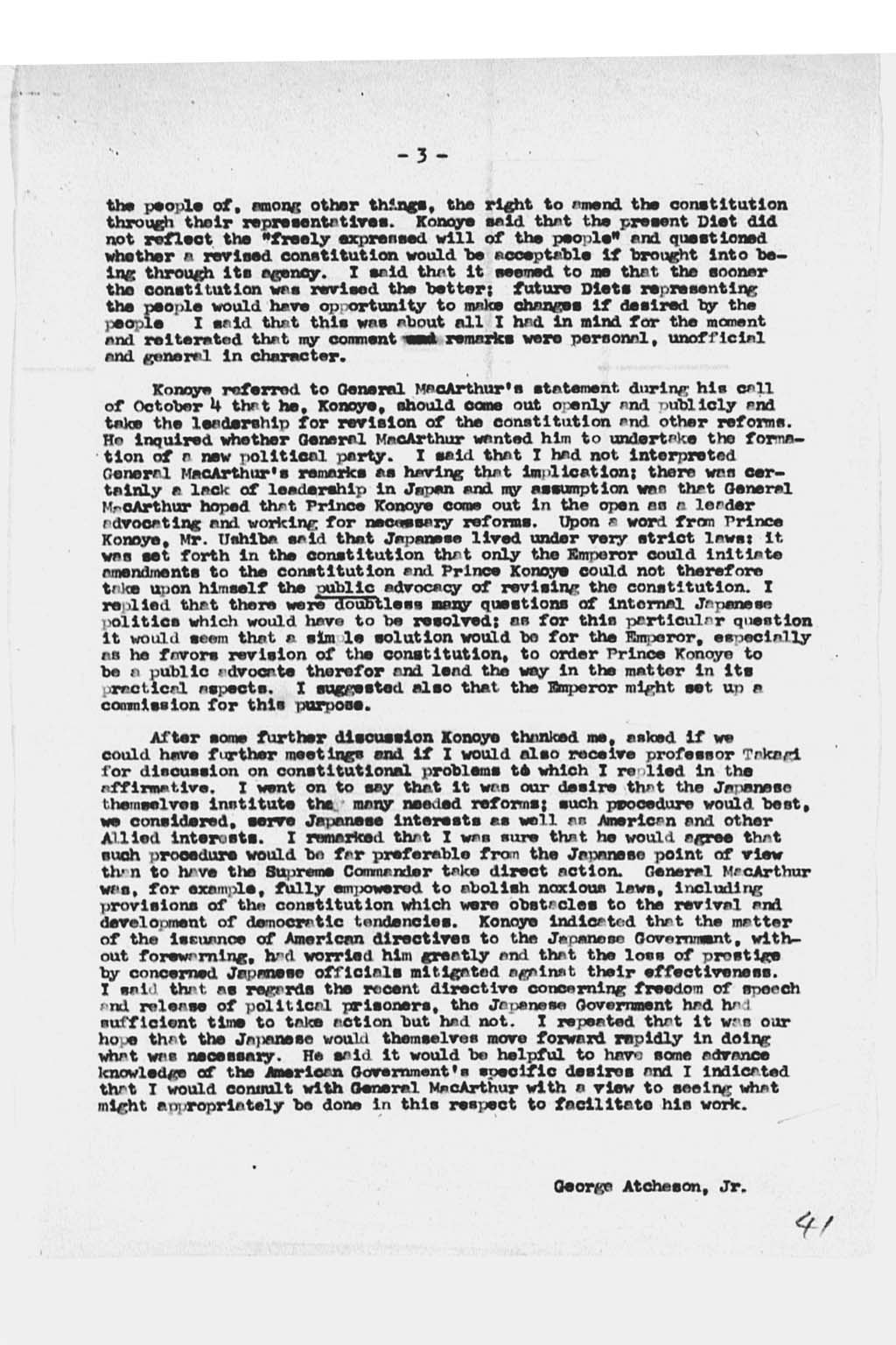 [George Atcheson, Jr. to the Secretary of State, Subject: Revision of Japanese Constitution; Discussion with Prince Konoye](Larger image)