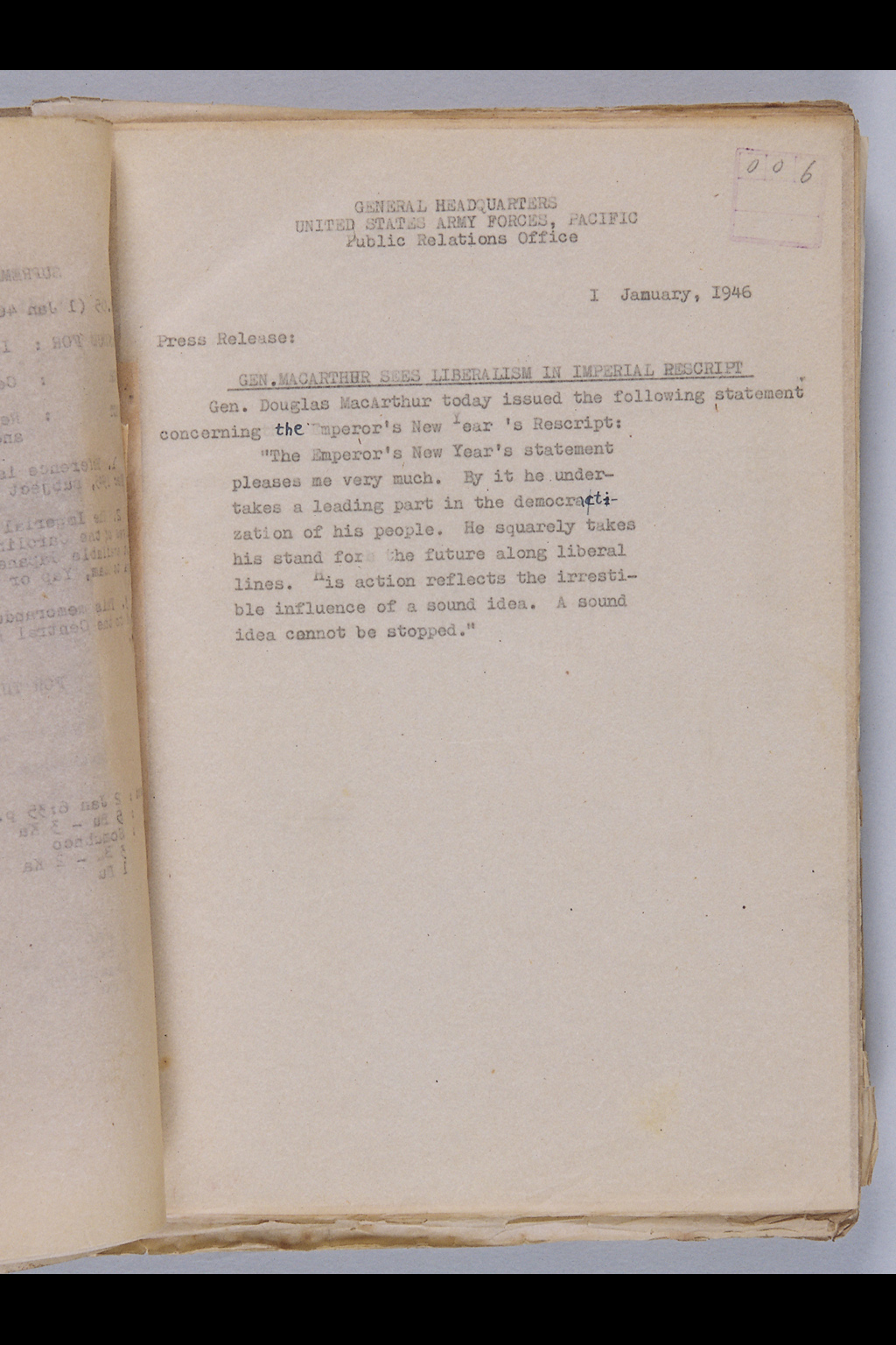 [Press Release: Gen. MacArthur Sees Liberalism in Imperial Rescript](Larger image)