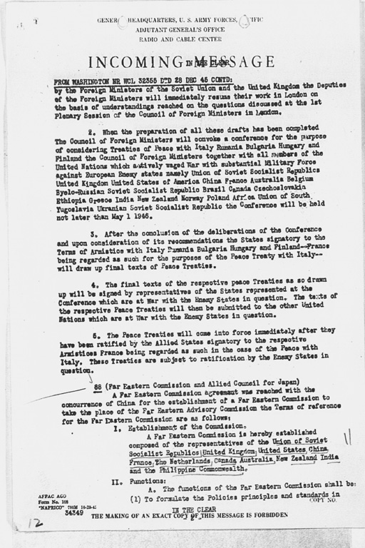 [Incoming Message to CINCAFPAC MacArthur from Washington (War), nr WCL 32355 Communique of Moscow Conference, December 27, 1945](Regular image)