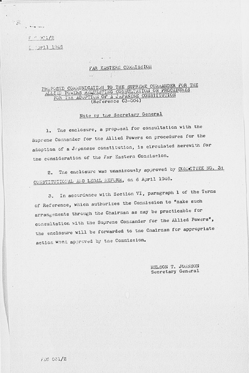 [Proposed Communication to the Supreme Commander for the Allied Powers Requesting Consultation on Procedures for the Adoption of a Japanese Constitution](Regular image)