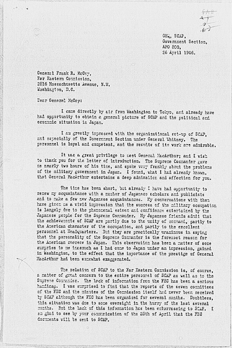 『Letter from Kenneth Colegrove to General Frank R. McCoy, dated 26 April 1946』(標準画像)