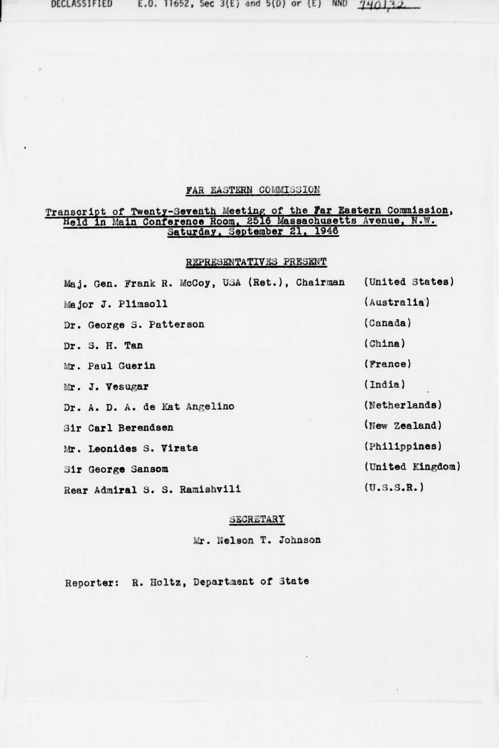 [Transcript of Twenty-Seventh Meeting of the Far Eastern Commission, Held in Main Conference Room, 2516 Massachusetts Avenue, N.W., Saturday, September 21, 1946](Larger image)
