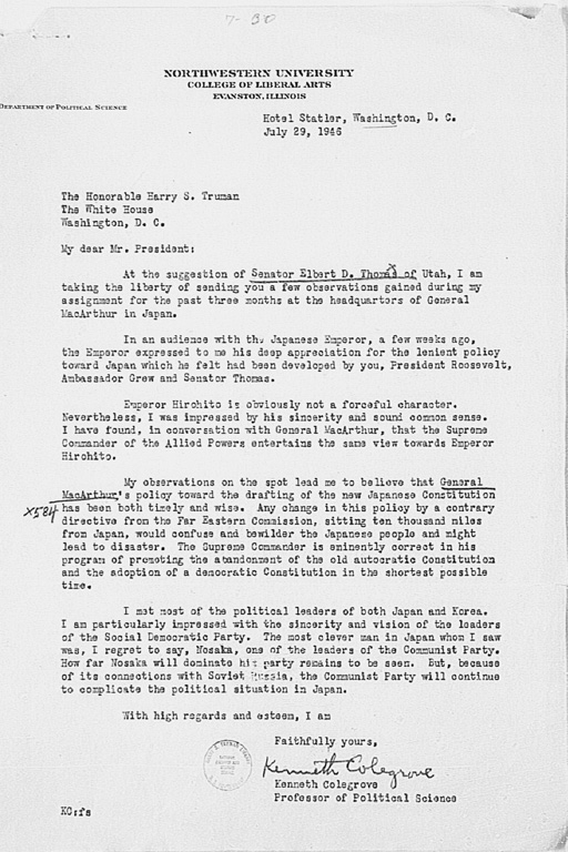 『Letter from Kenneth Colegrove to President Harry S. Truman, dated July 29, 1946』(標準画像)