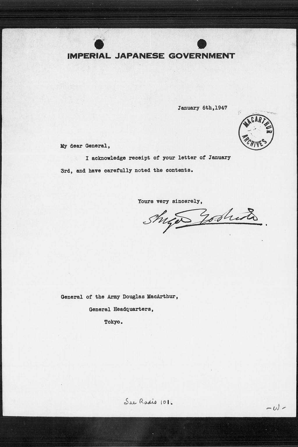 [Letter from Shigeru Yoshida to General MacArthur dated 6 January 1947](Larger image)