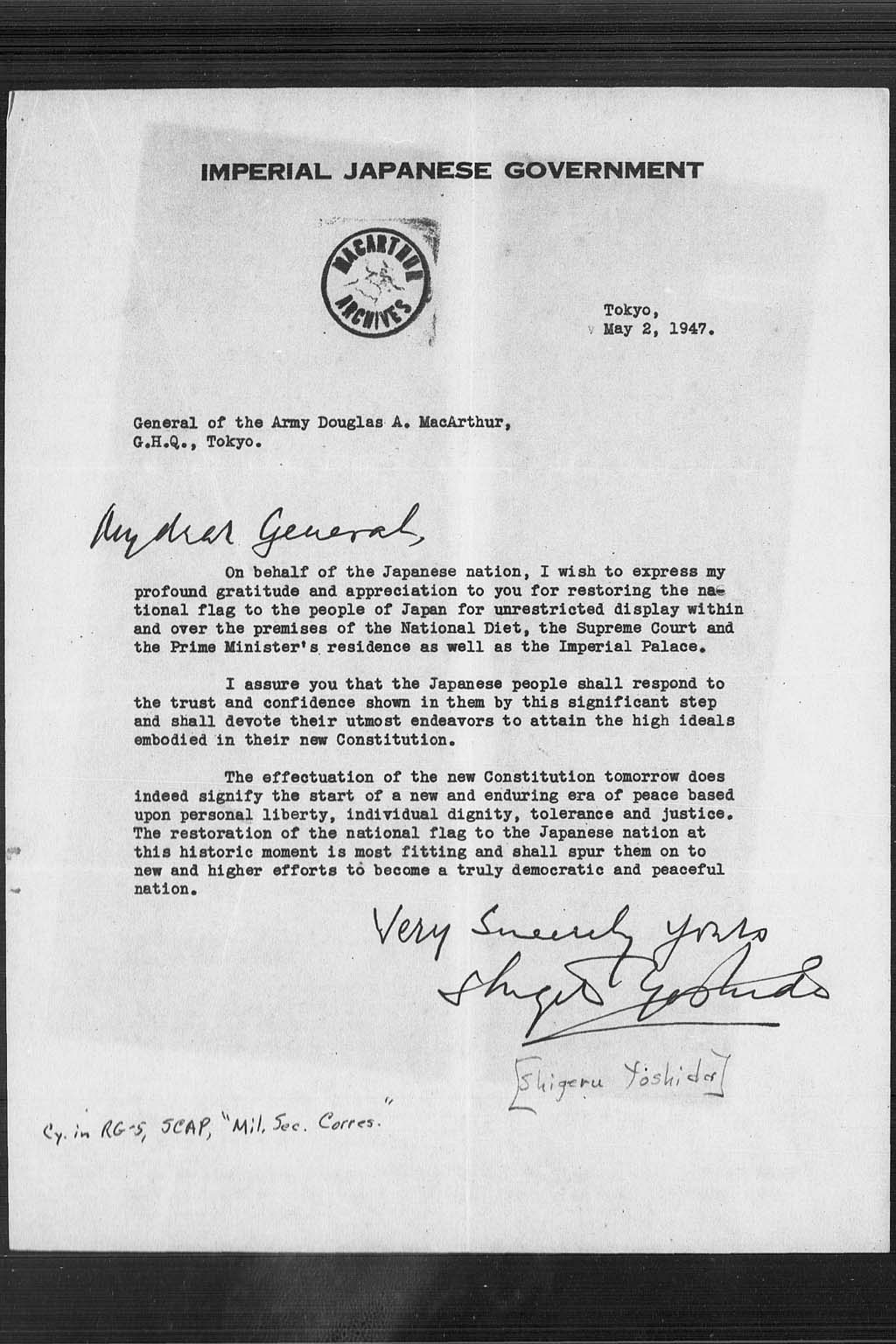 『Letter from Shigeru Yoshida to Genaral MacArthur dated May 2, 1947』(拡大画像)