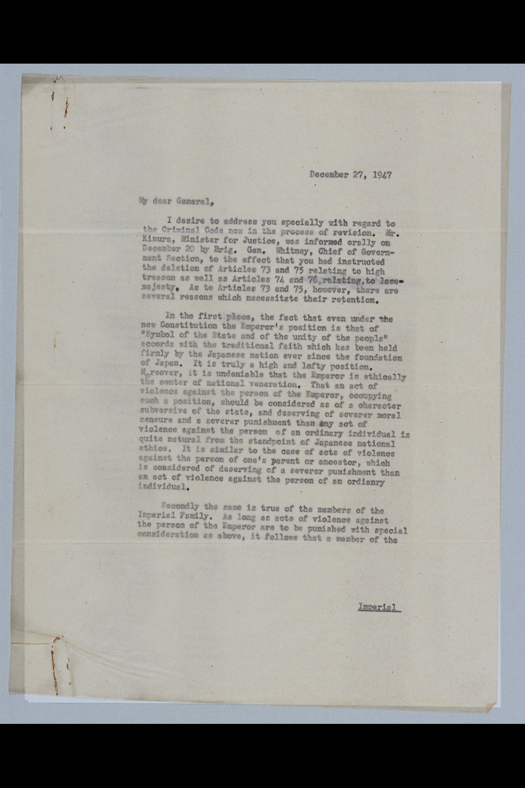 [Letter from Shigeru Yoshida to General MacArthur dated December 27, 1946](Larger image)