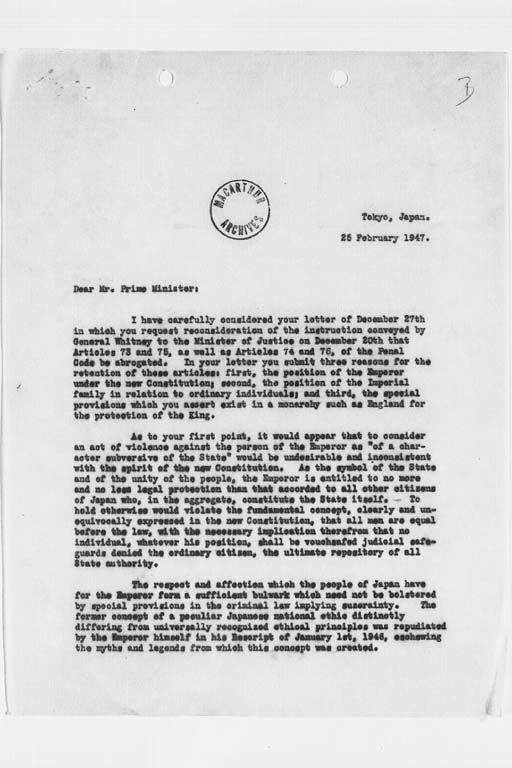 [Letter from Douglas MacArthur to Prime Minister dated 25 February 1947](Regular image)
