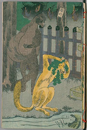 40 花裘狐草紙（はなごろもきつねのそうし）初編下の表紙の縦半分を折り返した画像狐と狸が描かれている