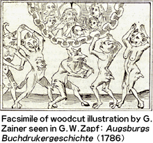 Facsimile of woodcut illustration by G. Zainer seen in G. W. Zapf: "Augsburgs Buchdrukergeschichte" (1786)